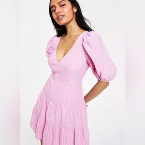 French Connection Birch Gingham Seersucker Dress Balloon Sleeves Baby Pink Sz 12
